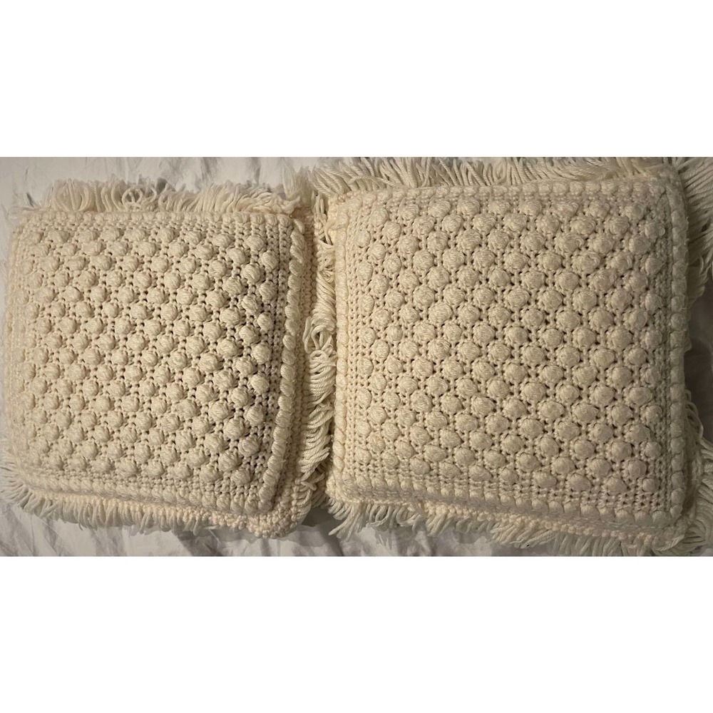 Pair of 12" x 12" Vintage Crochet Pillows Cream Color